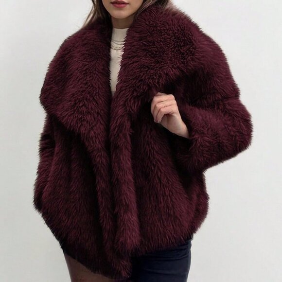 Burgundy Women's Chic Wide Lapel Snap Closure Faux fur jacket coat Outerwear - Picture 1 of 3